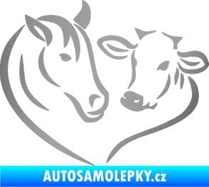 Samolepka Kůň s kravičkou v srdíčku levá láska ke zvířatům stříbrná metalíza