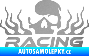 Samolepka Racing nápis s lebkou levá stříbrná metalíza
