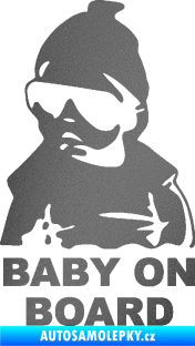 Samolepka Baby on board 002 levá s textem miminko s brýlemi grafitová metalíza