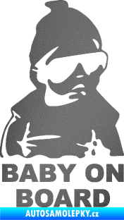 Samolepka Baby on board 002 pravá s textem miminko s brýlemi grafitová metalíza