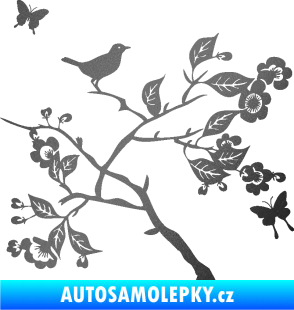 Samolepka Interiér 005 pravá  větvička s ptáčkem a motýlky grafitová metalíza