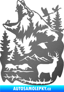 Samolepka Krajina hory 039 levá medvěd a lesní zvěř grafitová metalíza
