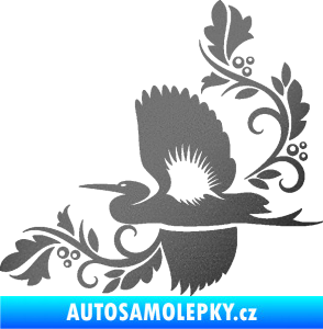 Samolepka Květina dekor 004 levá s ptáčkem grafitová metalíza