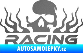 Samolepka Racing nápis s lebkou levá grafitová metalíza