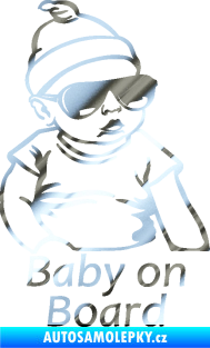 Samolepka Baby on board 003 pravá s textem miminko s brýlemi chrom fólie stříbrná zrcadlová