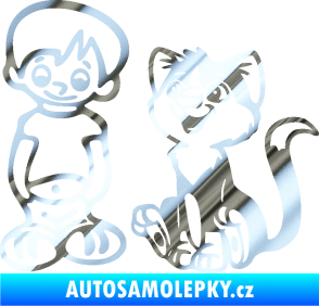 Samolepka Dítě v autě 097 levá kluk a kočka chrom fólie stříbrná zrcadlová
