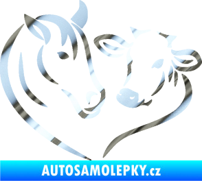 Samolepka Kůň s kravičkou v srdíčku levá láska ke zvířatům chrom fólie stříbrná zrcadlová