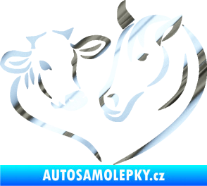 Samolepka Kůň s kravičkou v srdíčku pravá láska ke zvířatům chrom fólie stříbrná zrcadlová