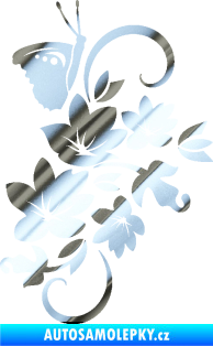 Samolepka Květina dekor 005 pravá s motýlkem chrom fólie stříbrná zrcadlová