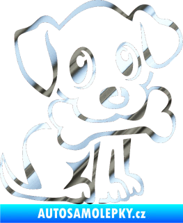 Samolepka Pes 076 pravá štěnátko s kostičkou chrom fólie stříbrná zrcadlová