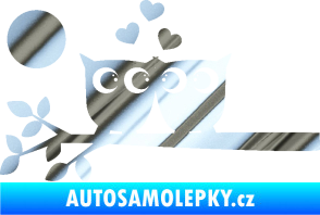 Samolepka Zamilované sovy levá na větvičce chrom fólie stříbrná zrcadlová