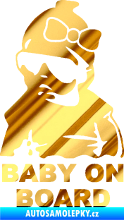 Samolepka Baby on board 001 levá s textem miminko s brýlemi a s mašlí chrom fólie zlatá zrcadlová