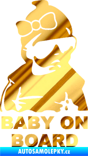 Samolepka Baby on board 001 pravá s textem miminko s brýlemi a s mašlí chrom fólie zlatá zrcadlová