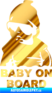 Samolepka Baby on board 002 levá s textem miminko s brýlemi chrom fólie zlatá zrcadlová