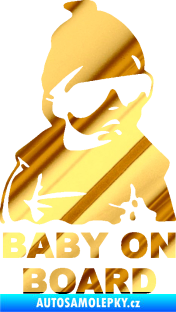Samolepka Baby on board 002 pravá s textem miminko s brýlemi chrom fólie zlatá zrcadlová