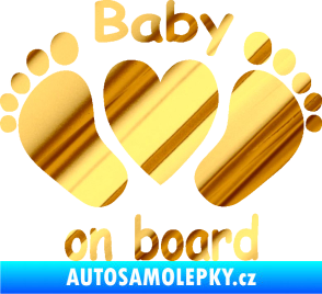 Samolepka Baby on board 004 s textem nožičky se srdíčkem chrom fólie zlatá zrcadlová