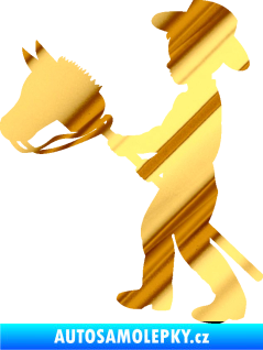Samolepka Děti silueta 012 levá kluk s dřevěným koníkem chrom fólie zlatá zrcadlová