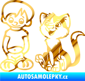 Samolepka Dítě v autě 097 levá kluk a kočka chrom fólie zlatá zrcadlová