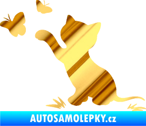 Samolepka Kočka 037 levá s motýlky chrom fólie zlatá zrcadlová