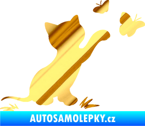 Samolepka Kočka 037 pravá s motýlky chrom fólie zlatá zrcadlová