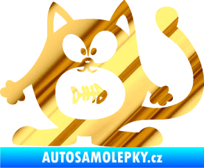 Samolepka Kočka 042 levá s rybou v bříšku chrom fólie zlatá zrcadlová