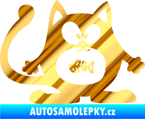 Samolepka Kočka 042 pravá s rybou v bříšku chrom fólie zlatá zrcadlová