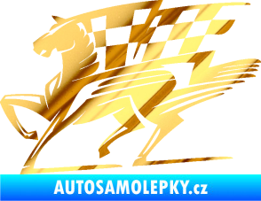 Samolepka Kůň racing 001 levá se šachovnicí chrom fólie zlatá zrcadlová