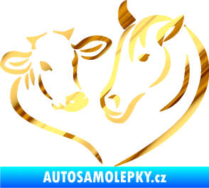 Samolepka Kůň s kravičkou v srdíčku pravá láska ke zvířatům chrom fólie zlatá zrcadlová