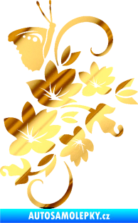 Samolepka Květina dekor 005 pravá s motýlkem chrom fólie zlatá zrcadlová