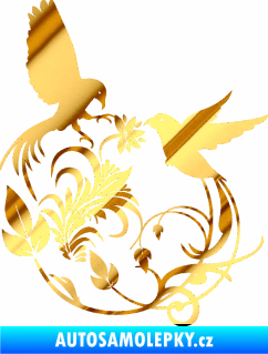 Samolepka Květina dekor 006 levá ptáčci chrom fólie zlatá zrcadlová