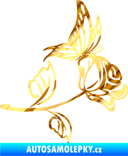 Samolepka Květina dekor 030 pravá růže s motýlkem chrom fólie zlatá zrcadlová