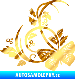 Samolepka Květina dekor 046 levá motýl chrom fólie zlatá zrcadlová