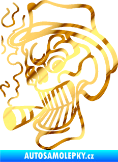 Samolepka Lebka 020 levá crazy s cigaretou chrom fólie zlatá zrcadlová