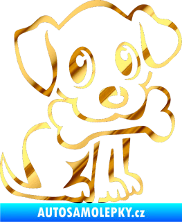 Samolepka Pes 076 pravá štěnátko s kostičkou chrom fólie zlatá zrcadlová