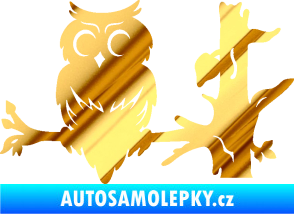 Samolepka Sova 005 levá na větvi chrom fólie zlatá zrcadlová