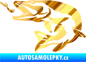Samolepka Štika 005 levá s návnadou chrom fólie zlatá zrcadlová