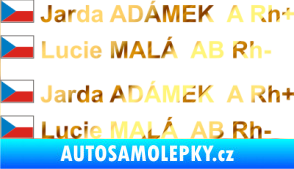 Samolepka Vlajka ČR se jménem a krevní skupinou chrom fólie zlatá zrcadlová