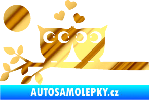 Samolepka Zamilované sovy levá na větvičce chrom fólie zlatá zrcadlová