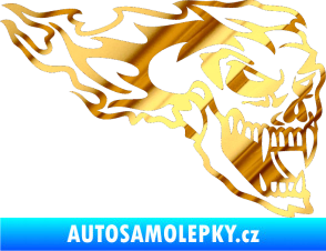 Samolepka Zubatej pravá lebka v plamenech chrom fólie zlatá zrcadlová