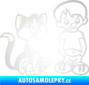 Samolepka Dítě v autě 097 pravá kluk a kočka odrazková reflexní bílá