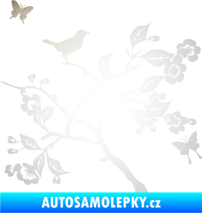 Samolepka Interiér 005 pravá  větvička s ptáčkem a motýlky odrazková reflexní bílá