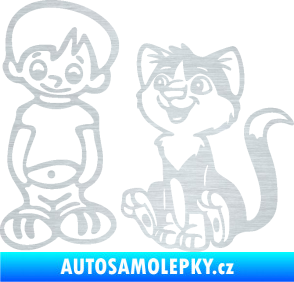 Samolepka Dítě v autě 097 levá kluk a kočka škrábaný hliník
