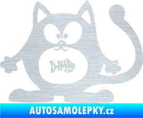 Samolepka Kočka 042 levá s rybou v bříšku škrábaný hliník