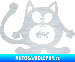 Samolepka Kočka 042 pravá s rybou v bříšku škrábaný hliník