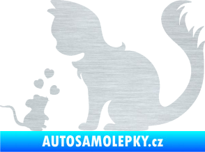 Samolepka Kočka s myší 002 levá škrábaný hliník