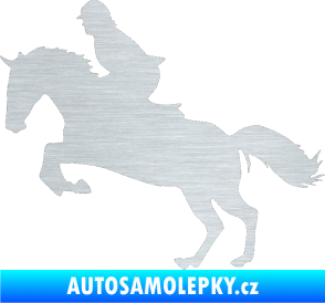 Samolepka Kůň 014 levá skok s jezdcem škrábaný hliník