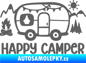 Samolepka Happy camper 002 levá kempování s karavanem škrábaný titan