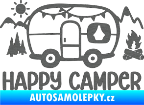 Samolepka Happy camper 002 pravá kempování s karavanem škrábaný titan