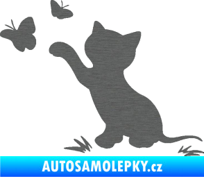 Samolepka Kočka 037 levá s motýlky škrábaný titan