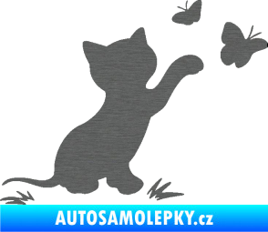 Samolepka Kočka 037 pravá s motýlky škrábaný titan